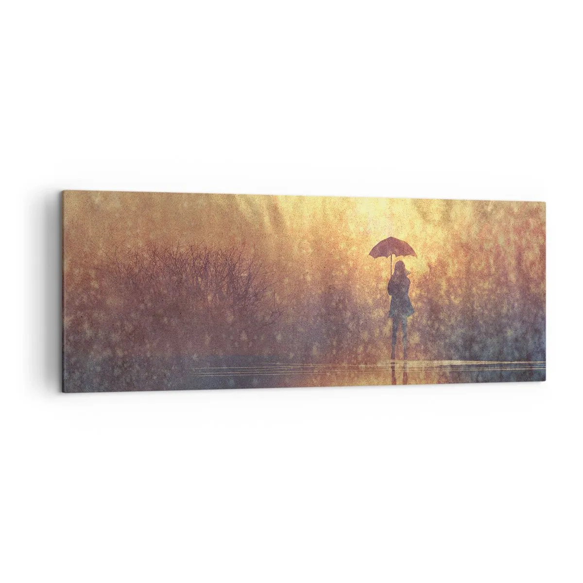 Bild auf Leinwand - Leinwandbild - Eine Figur mit einem Regenschirm in einer nebligen Landschaft voller Reflexionen - 140x50cm - Ich habe das Gefühl, dass mich jemand ansieht - Moderne Wanddekoration für Wohnzimmer und Schlafzimmer ARTTOR