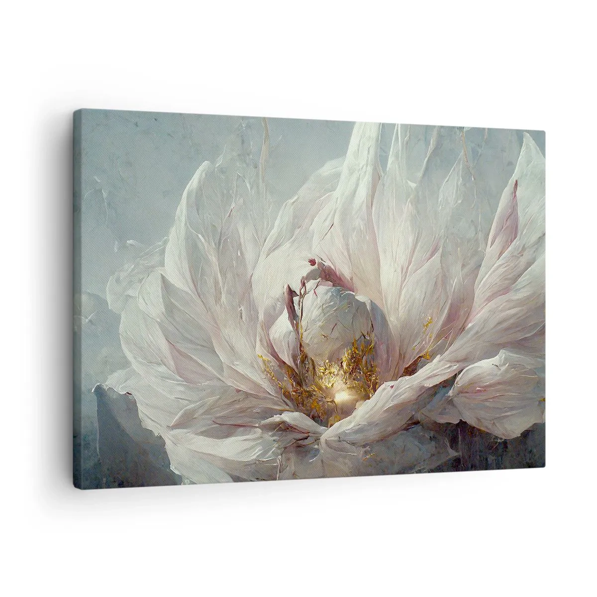 Bild auf Leinwand - Leinwandbild - Eine zarte weiße Blume mit subtilen goldenen Akzenten - 70x50cm - Sie blüht alle hundert Jahre einmal - Moderne Wanddekoration für Wohnzimmer und Schlafzimmer ARTTOR