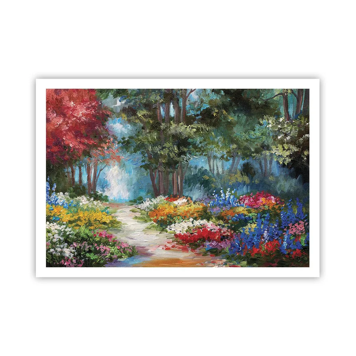 Poster - Ein malerischer Garten voller bunter Blumen und Bäume in einer Waldumgebung - 100x70cm - Waldgarten, Blumenwald - Moderne Wanddekoration für Wohnzimmer und Schlafzimmer ARTTOR