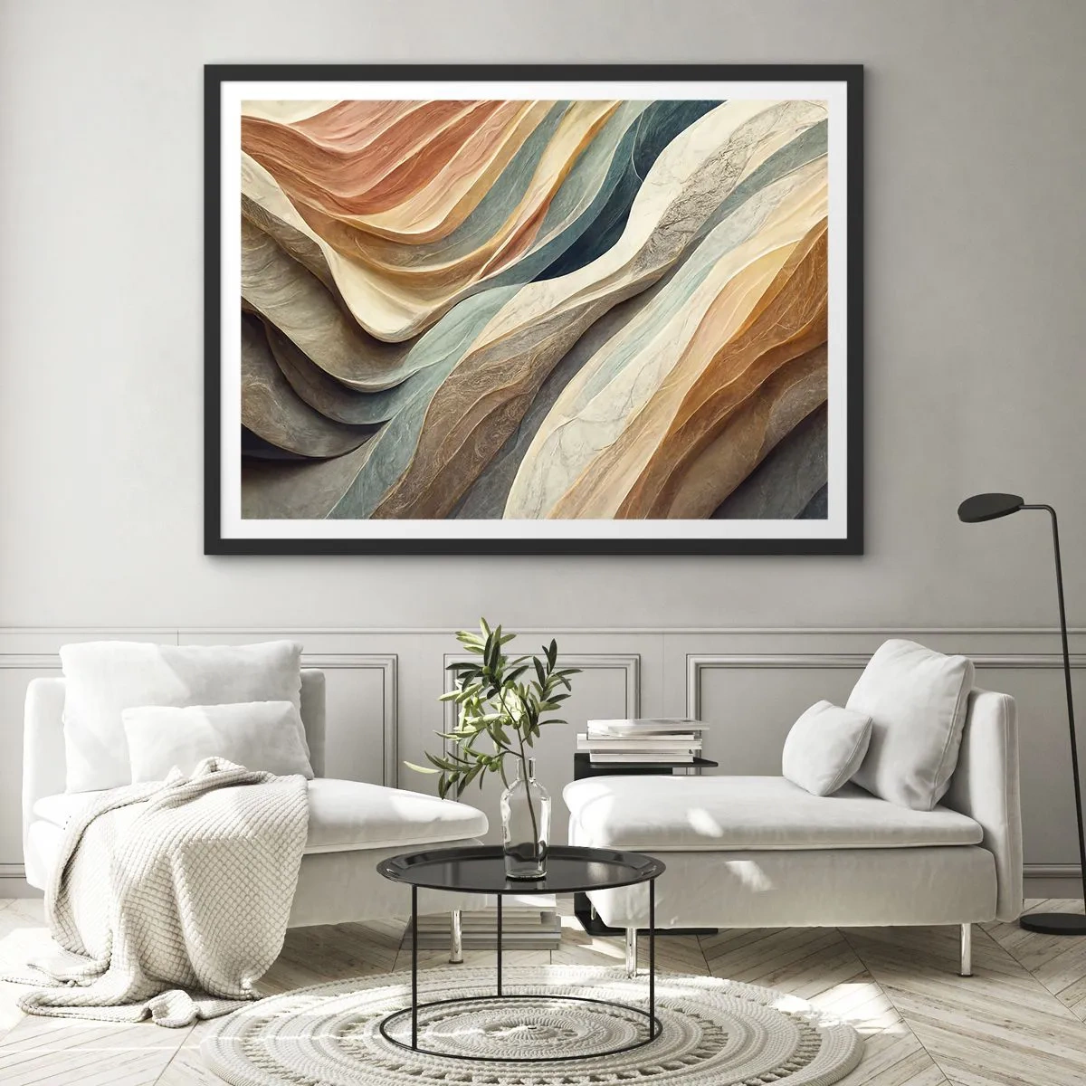 Poster in einem schwarzem Rahmen - Abstrakte Wellen in Pastelltönen - 100x70cm - Moment vor der Veränderung - Moderne Wanddekoration für Wohnzimmer und Schlafzimmer ARTTOR