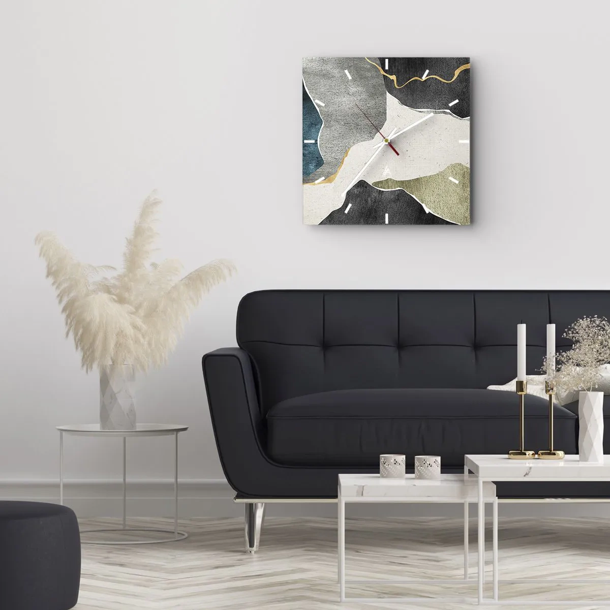 Wanduhr - Glasuhr - Geometrische Formen in Grau-, Grün- und Goldtönen - 30x30cm - Mosaikkomposition mit Goldfaden - Moderne Wanddekoration für Wohnzimmer und Schlafzimmer ARTTOR