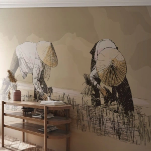 Fototapete Premium Canvas - Erfolgreiche Ernte - Asien, Reisplantage, Reisfeld - 250x175 cm