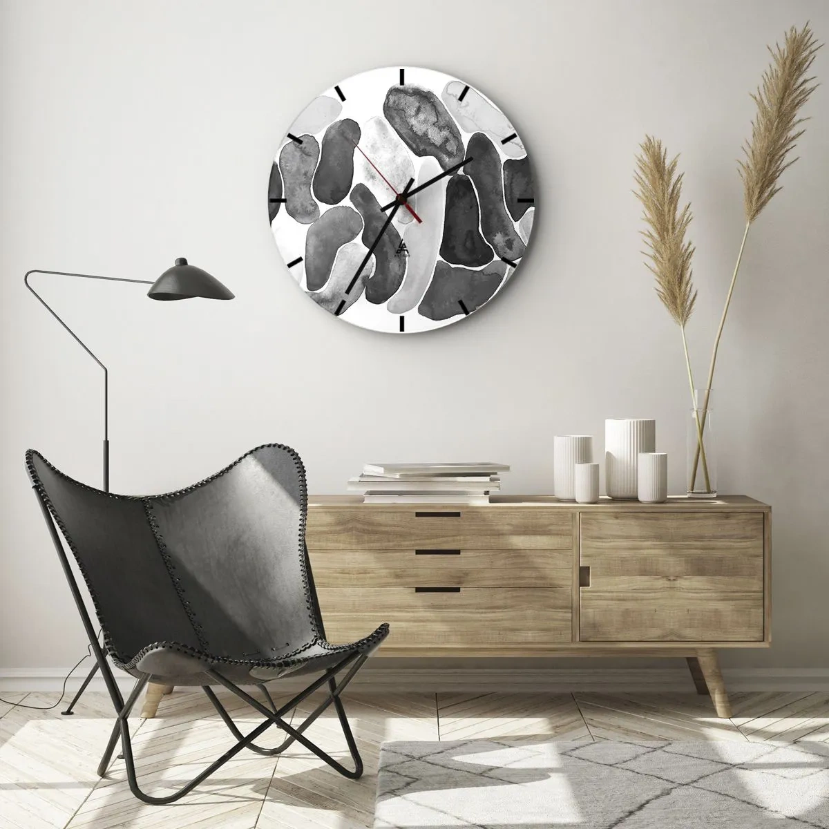 Wanduhr - Glasuhr - Graue organische Formen, die Steinen ähneln - 30x30cm - Felsige Abstraktion - Moderne Wanddekoration für Wohnzimmer, Küche und Schlafzimmer ARTTOR