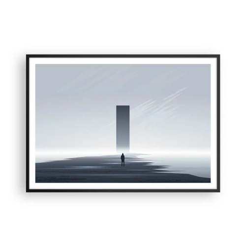 Poster in einem schwarzem Rahmen - Eine minimalistische Landschaft mit einer Silhouette neben einem rechteckigen Monolithen - 100x70cm - Chance oder Bedrohung? - Moderne Wanddekoration für Wohnzimmer und Schlafzimmer ARTTOR