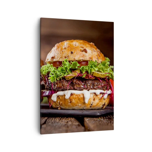 Bild auf Leinwand - Leinwandbild - Appetitliche Burger mit Gemüse und Sauce - 50x70cm - Amerikanischer Traum - Moderne Wanddekoration für Wohnzimmer und Schlafzimmer ARTTOR
