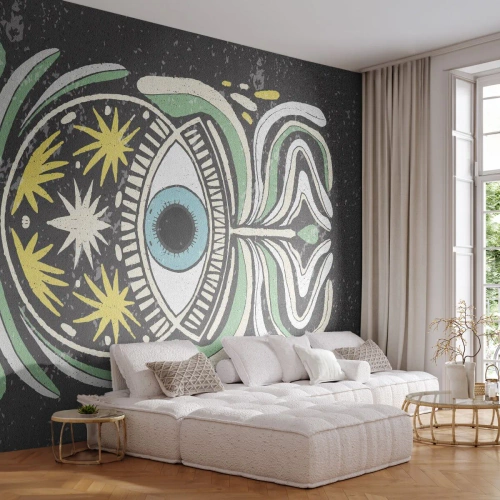 Fototapete Premium Sand - Symbolisches Stammesauge auf dunklem Hintergrund - 100x70cm - Stammesrituale - Moderne Wanddekoration für Wohnzimmer und Schlafzimmer ARTTOR