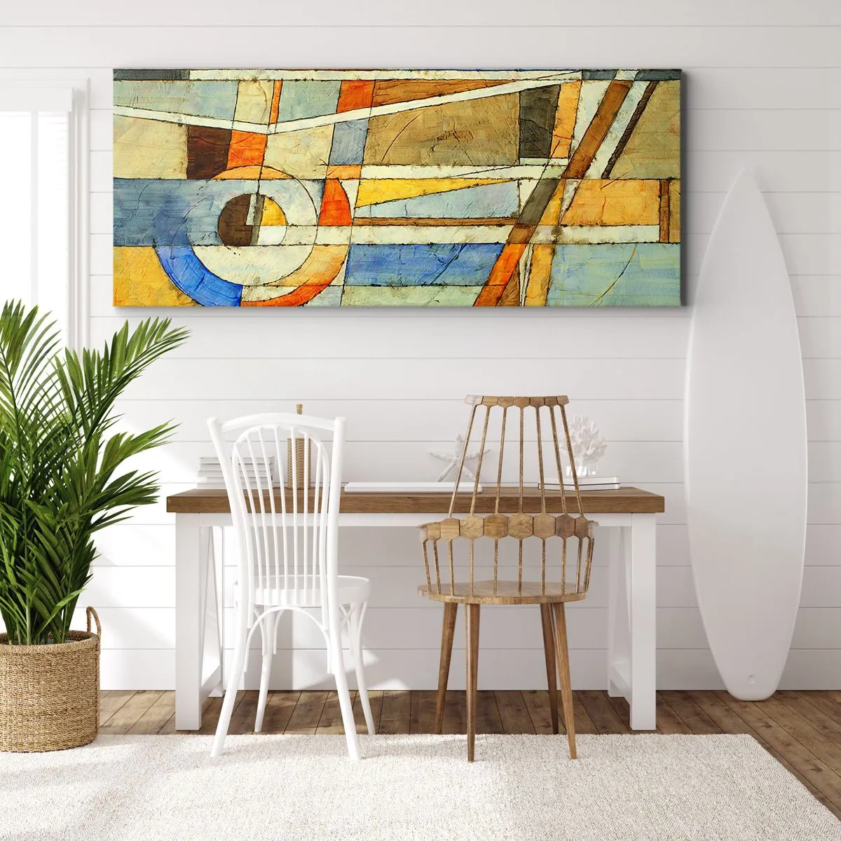 Bild auf Leinwand - Leinwandbild - Geometrische Abstraktion in Beige-, Blau- und Orangetönen - 120x50cm - Kubismus auf der Baustelle - Moderne Wanddekoration für Wohnzimmer und Schlafzimmer ARTTOR