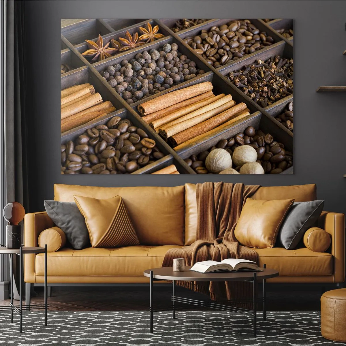 Glasbild - Bild auf glas - Gewürze in Holzfächern - 100x70cm - Eine Fundgrube an Aromen - Moderne Wanddekoration für Wohnzimmer und Schlafzimmer ARTTOR
