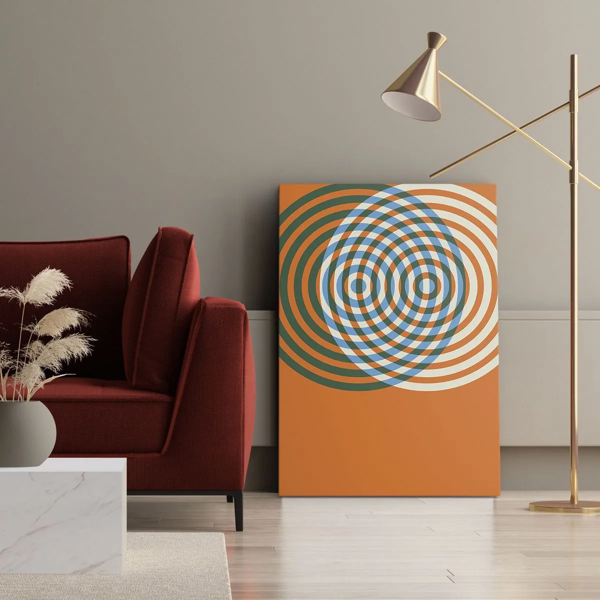 Bild auf Leinwand - Leinwandbild - Konzentrische Kreise auf orangefarbenem Hintergrund - 70x100cm - Abstrakte kreisförmige Variation - Moderne Wanddekoration für Wohnzimmer und Schlafzimmer ARTTOR