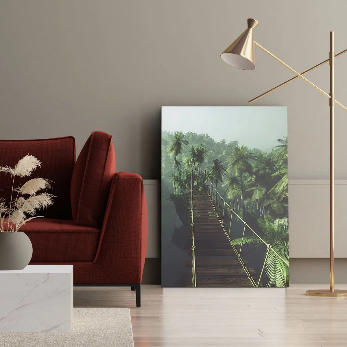 Bild auf Leinwand - Leinwandbild - Eine Hängebrücke in einem tropischen Wald, umgeben von Nebel. - 70x100cm - Über der Brandung des Grüns - Moderne Wanddekoration für Wohnzimmer und Schlafzimmer ARTTOR