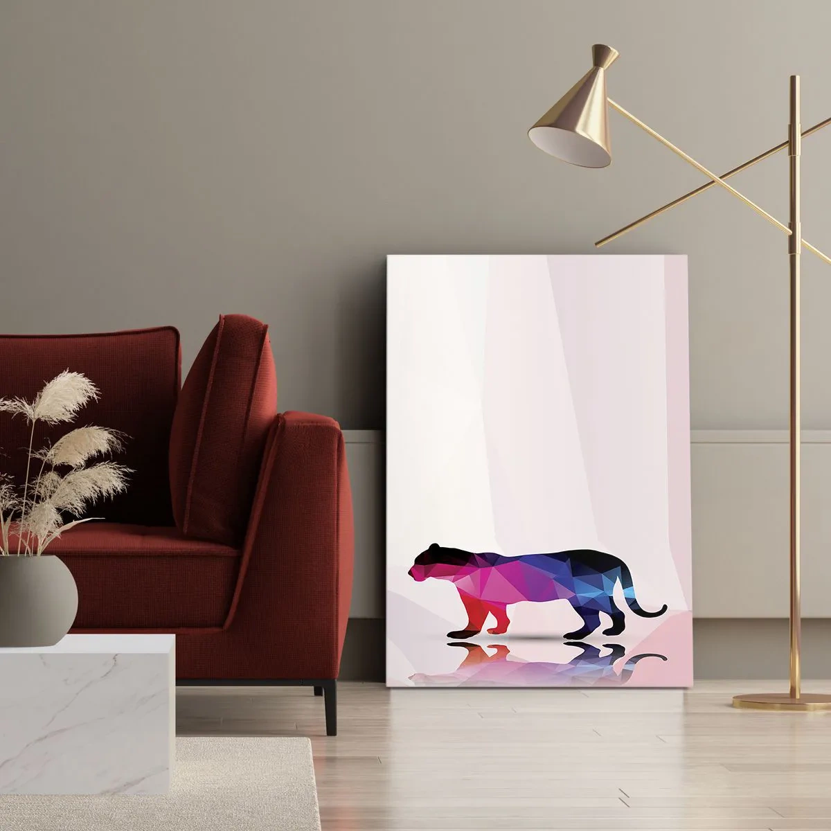 Bild auf Leinwand - Leinwandbild - Geometrische Panther-Silhouette in Rosa- und Blautönen - 50x70cm - Diment Panther - Moderne Wanddekoration für Wohnzimmer und Schlafzimmer ARTTOR