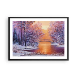 Poster in einem schwarzem Rahmen - Winterlandschaft mit Brücke und Sonnenuntergang - 70x50cm - Treffen wir uns hier - Moderne Wanddekoration für Wohnzimmer und Schlafzimmer ARTTOR