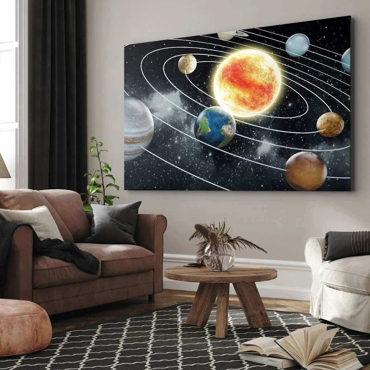 Bild auf Leinwand - Leinwandbild - Sonnensystem mit Planeten und Sonne im Weltraum - 120x80cm - Kosmischer Tanz - Moderne Wanddekoration für Wohnzimmer und Schlafzimmer ARTTOR