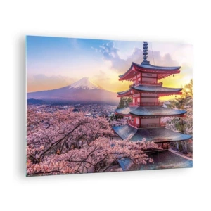 Glasbild - Bild auf glas - Eine Pagode in einer japanischen Landschaft mit Blick auf den Berg Fuji und blühende Bäume - 70x50cm - Die Essenz des japanischen Geistes - Moderne Wanddekoration für Wohnzimmer und Schlafzimmer ARTTOR