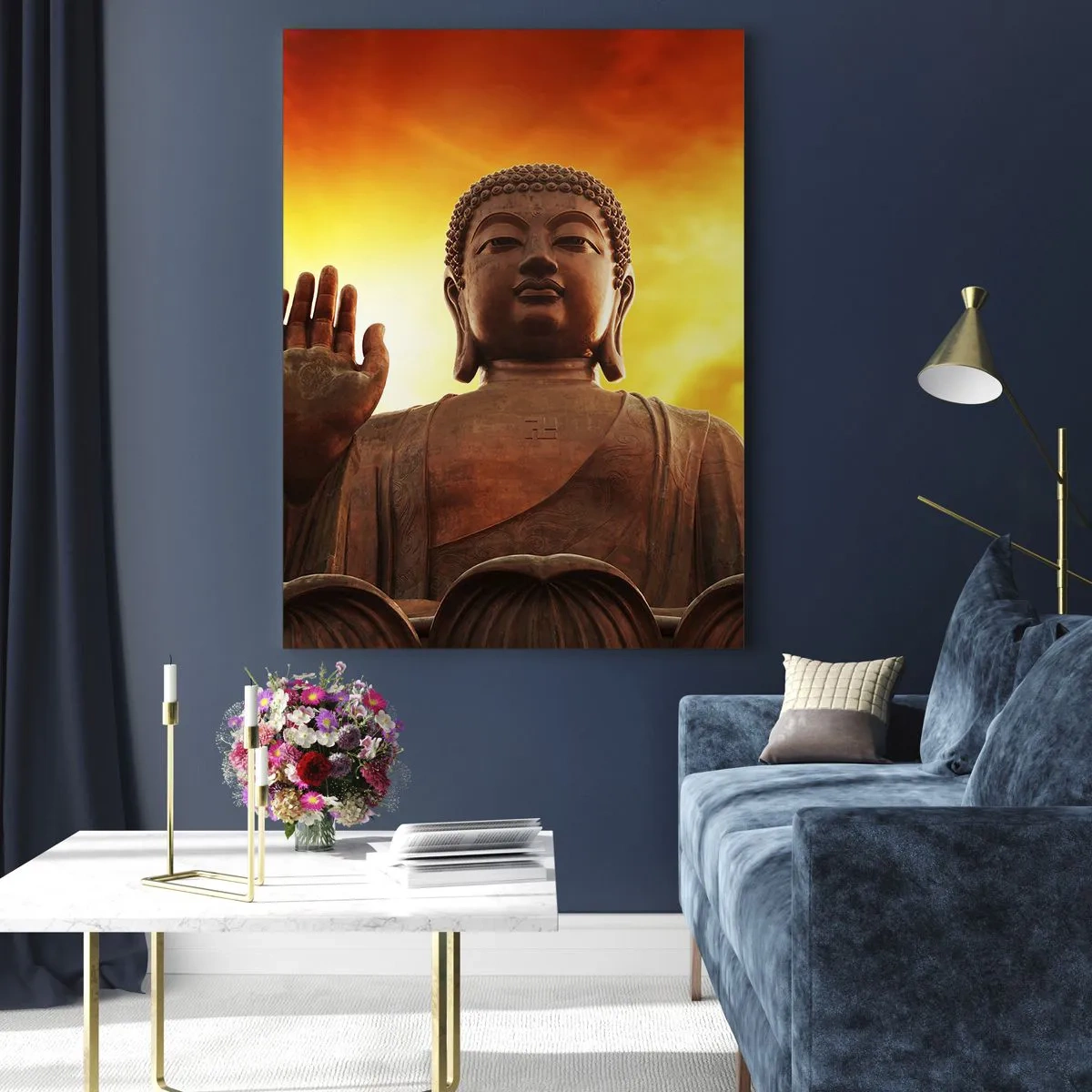 Glasbild - Bild auf glas - Eine Buddha-Statue vor dem Hintergrund eines goldenen Sonnenuntergangs - 50x70cm - Frieden der Welt - Moderne Wanddekoration für Wohnzimmer und Schlafzimmer ARTTOR
