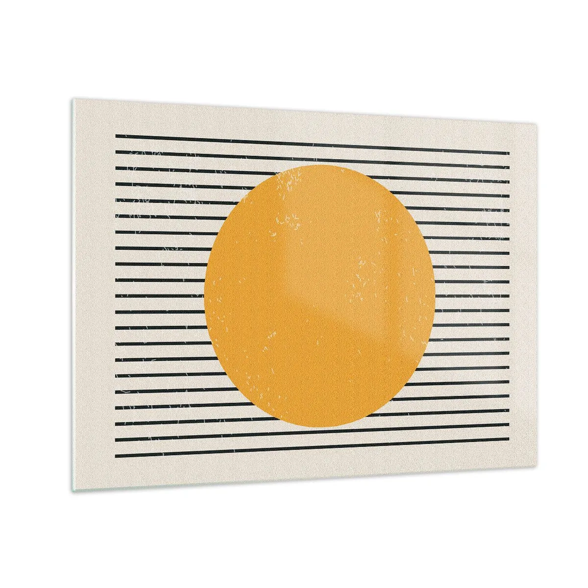 Glasbild - Bild auf glas - Ein orangefarbener Kreis vor einem Hintergrund aus horizontalen schwarzen Linien auf beigem Untergrund. - 70x50cm - Die Kraft der Einfachheit - Moderne Wanddekoration für Wohnzimmer und Schlafzimmer ARTTOR