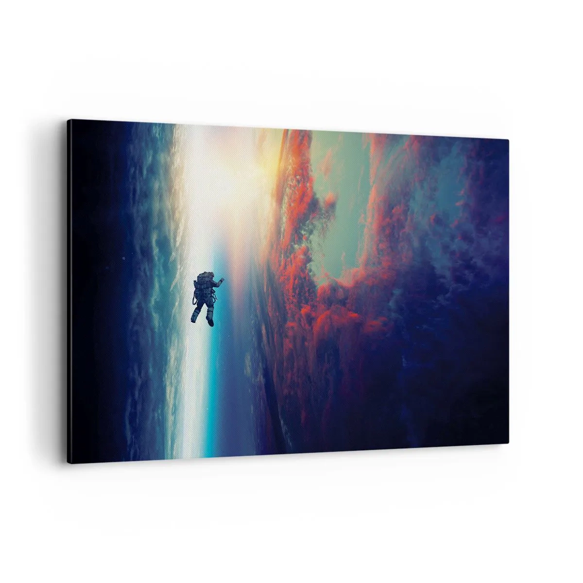 Bild auf Leinwand - Leinwandbild - Ein Astronaut schwebt im Weltraum über einer bunten Erde - 120x80cm - Sich dem Universum stellen - Moderne Wanddekoration für Wohnzimmer und Schlafzimmer ARTTOR