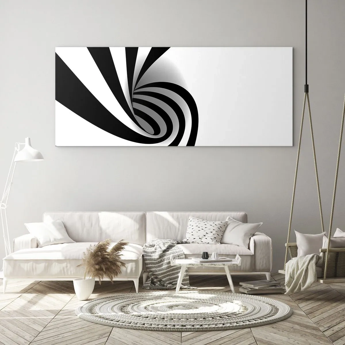 Glasbild - Bild auf glas - Abstrakter optischer Wirbel in Schwarzweiß - 140x50cm - Und doch dreht es sich - Moderne Wanddekoration für Wohnzimmer und Schlafzimmer ARTTOR