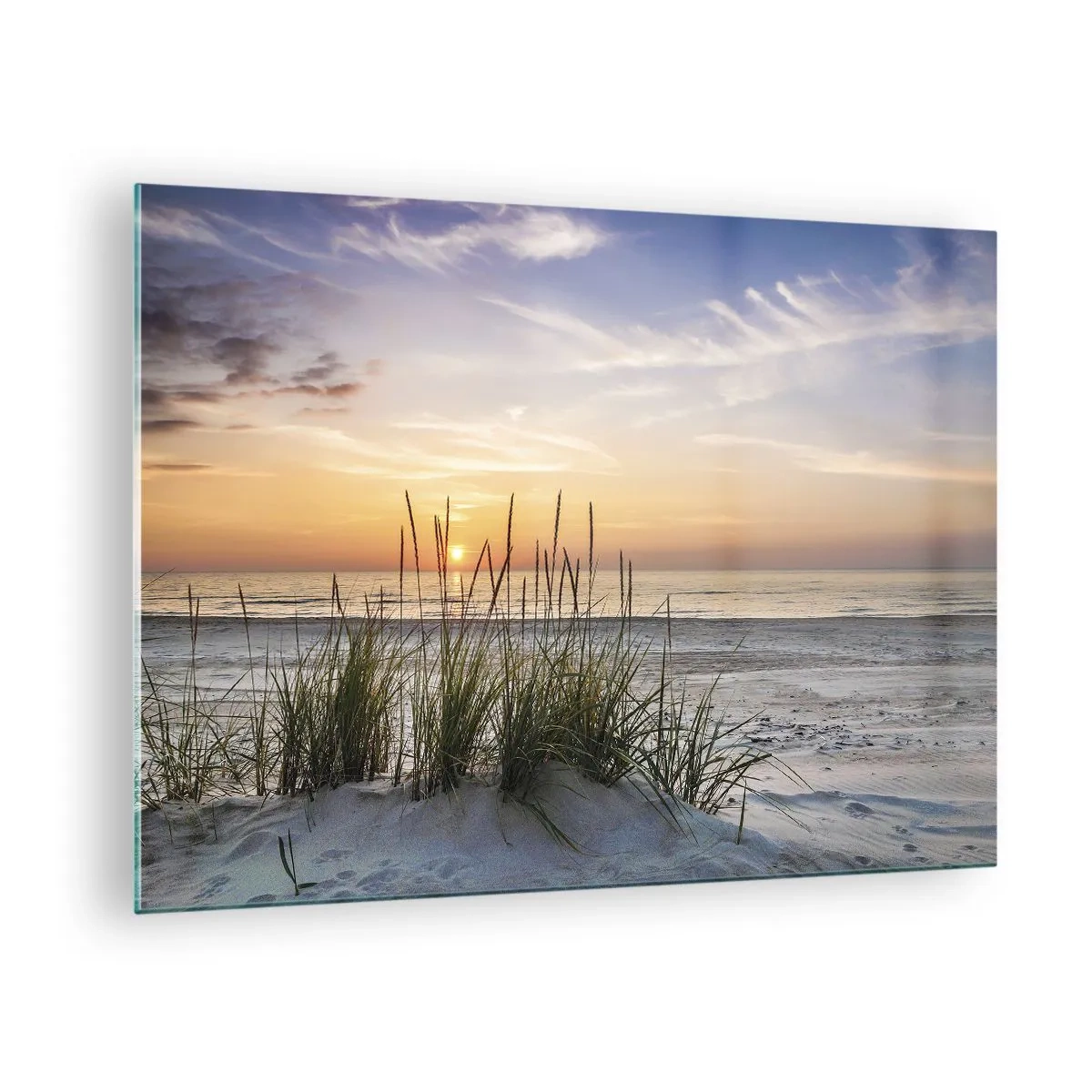 Glasbild - Bild auf glas - Sonnenuntergang über einem grasbewachsenen Strand - 70x50cm - Schau, denk, fühl - Moderne Wanddekoration für Wohnzimmer und Schlafzimmer ARTTOR