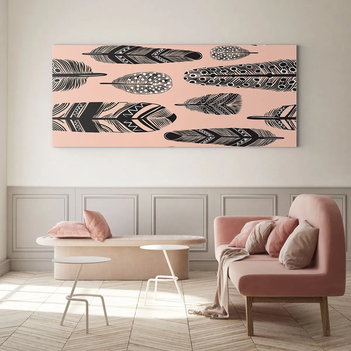 Glasbild - Bild auf glas - Dekorative Federn auf hellem Hintergrund - 140x50cm - Indische Sammlung - Moderne Wanddekoration für Wohnzimmer und Schlafzimmer ARTTOR