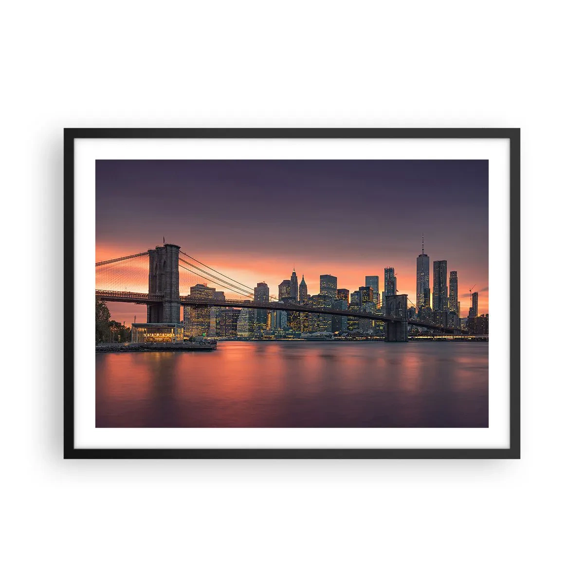 Poster in einem schwarzem Rahmen - Nachtpanorama der Stadt mit einer Brücke und einem beleuchteten Himmel - 70x50cm - Eingetaucht in lila Stille - Moderne Wanddekoration für Wohnzimmer und Schlafzimmer ARTTOR