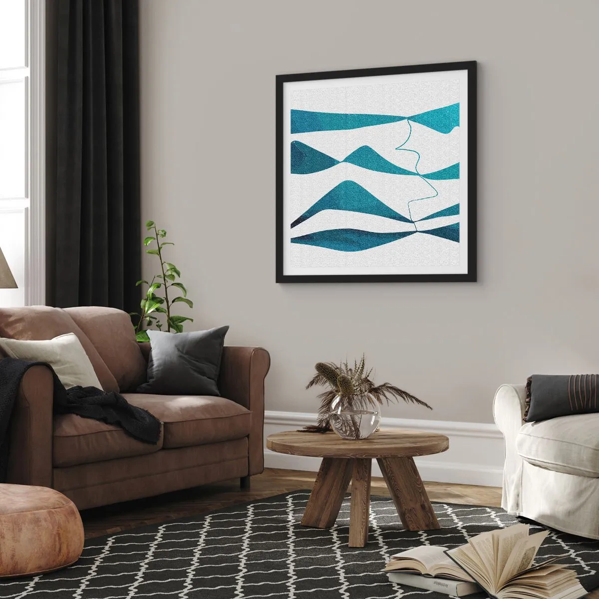 Poster in einem schwarzem Rahmen - Abstraktion: türkisfarbene Verbindung - 40x40 cm