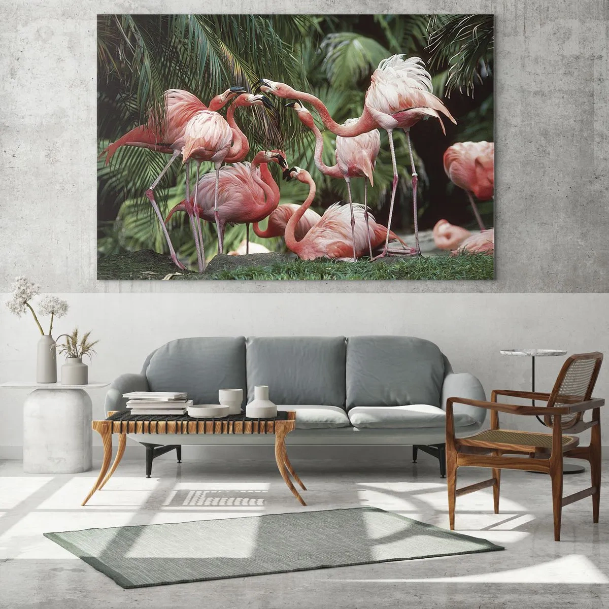 Glasbild - Bild auf glas - Eine Gruppe von Flamingos in einer tropischen Umgebung, umgeben von Palmen - 120x50cm - Nachmittagsklatsch - Moderne Wanddekoration für Wohnzimmer und Schlafzimmer ARTTOR