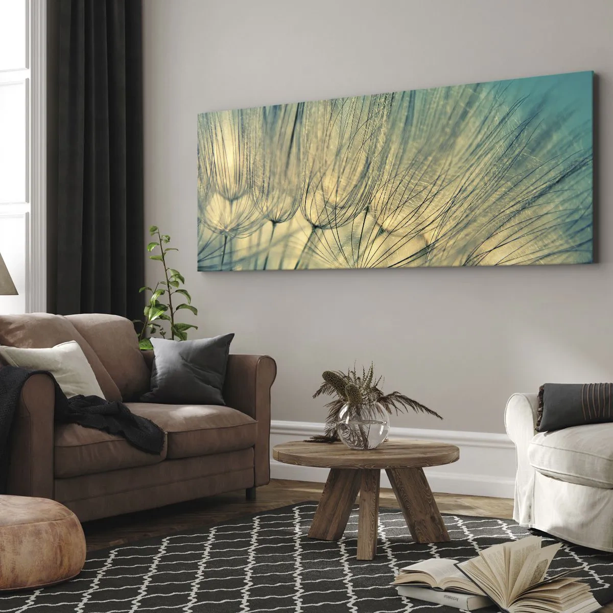 Bild auf Leinwand - Leinwandbild - Makrofotografie von Löwenzahn bei Tageslicht - 120x50cm - In Erwartung des Windes - Moderne Wanddekoration für Wohnzimmer und Schlafzimmer ARTTOR