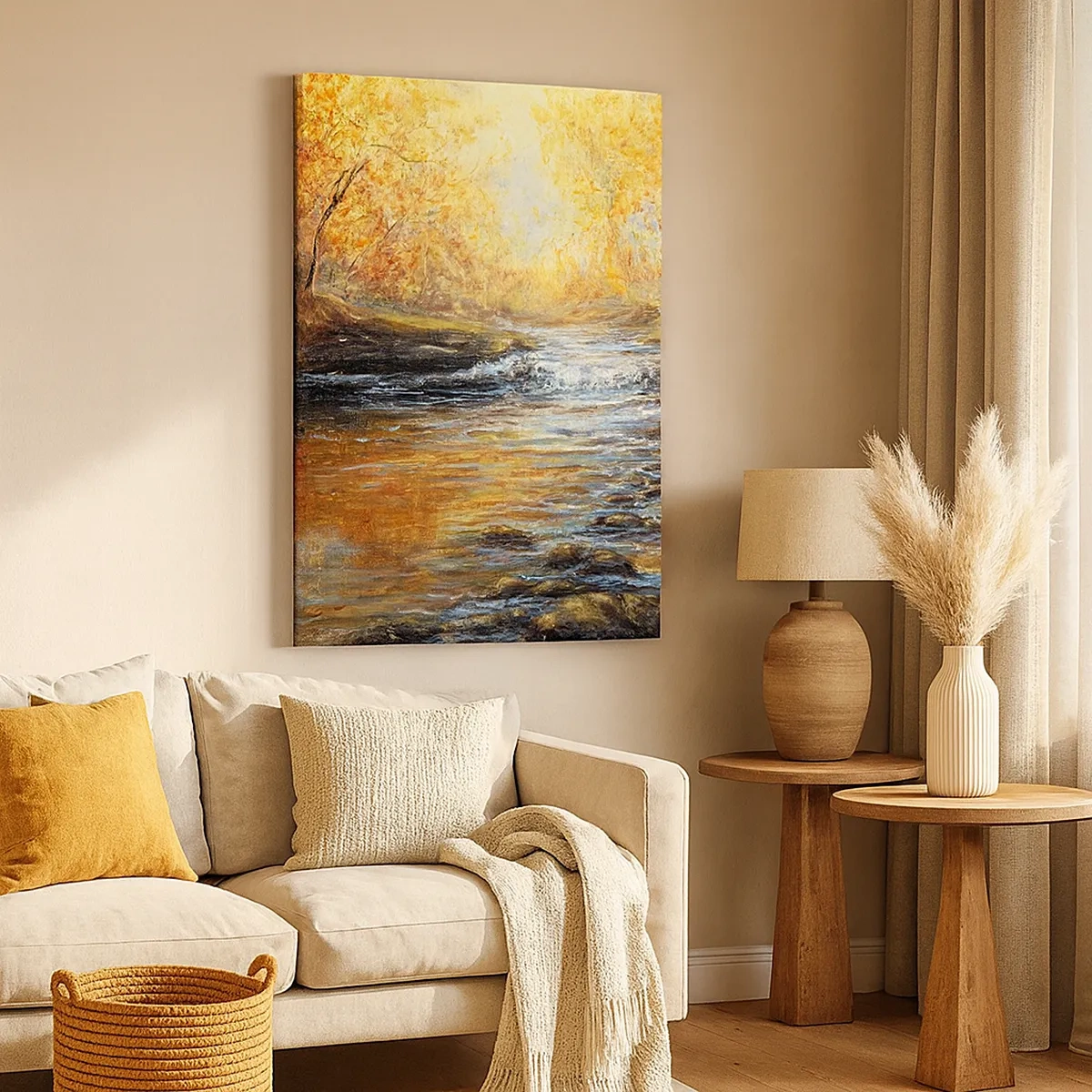 Bild auf Leinwand - Leinwandbild - Herbstlandschaft mit einem Fluss zwischen den Bäumen - 50x70cm - Der goldene Strom - Moderne Wanddekoration für Wohnzimmer und Schlafzimmer ARTTOR