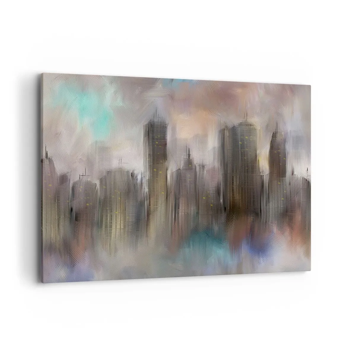 Bild auf Leinwand - Leinwandbild - Eine künstlerische Vision einer Stadtlandschaft mit Wolkenkratzern in Pastellfarben. - 120x80cm - Eine Komposition aus Stahl, Stein und Nebel - Moderne Wanddekoration für Wohnzimmer und Schlafzimmer ARTTOR