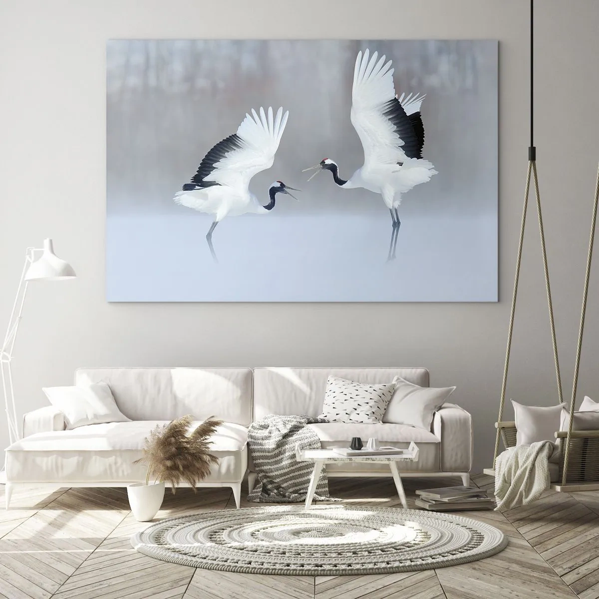 Glasbild - Bild auf glas - Tanzende Kraniche vor der Kulisse einer Winterlandschaft - 100x70cm - Tanz im Nebel - Moderne Wanddekoration für Wohnzimmer und Schlafzimmer ARTTOR