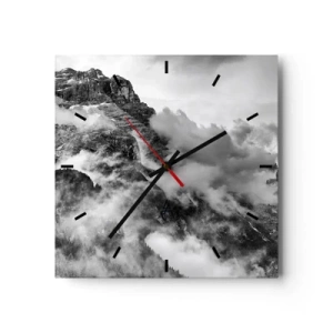Wanduhr - Glasuhr - Schwarz-Weiß-Ansicht der von Wolken umgebenen Berge - 30x30cm - Schön und grausam - Moderne Wanddekoration für Wohnzimmer und Schlafzimmer ARTTOR