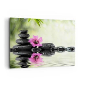 Bild auf Leinwand - Leinwandbild - Zen-Steine und eine rosa Blume spiegeln sich im Wasser - 100x70cm - Zeit für die Seele - Moderne Wanddekoration für Wohnzimmer und Schlafzimmer ARTTOR