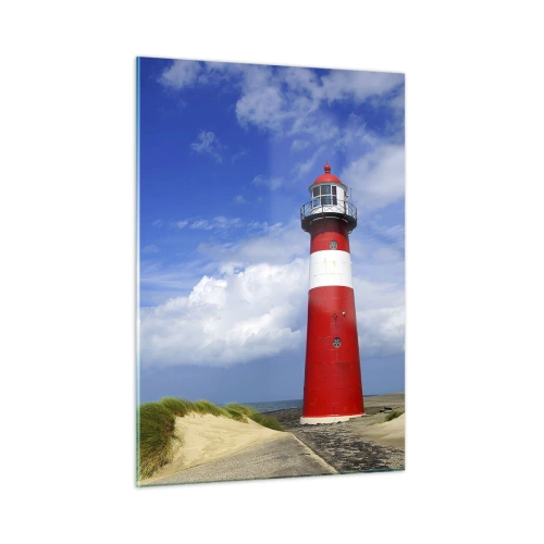 Glasbild - Bild auf glas - Ein roter Leuchtturm vor blauem Himmel - 50x70cm - Traum Einsamkeit - Moderne Wanddekoration für Wohnzimmer und Schlafzimmer ARTTOR
