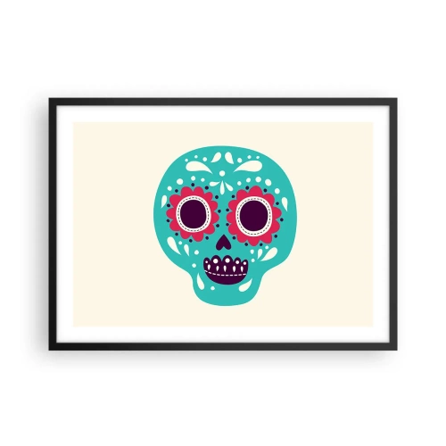 Poster in einem schwarzem Rahmen - Ein türkis-violetter Zuckerschädel, inspiriert von der mexikanischen Kultur - 70x50cm - Das Leben – Spaß bis zum Tod - Moderne Wanddekoration für Wohnzimmer und Schlafzimmer ARTTOR