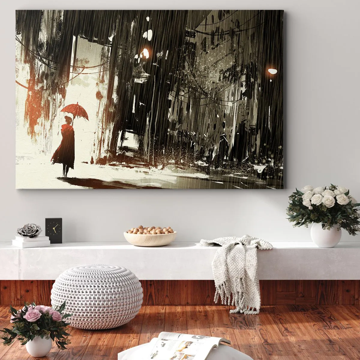 Bild auf Leinwand - Leinwandbild - Eine rote Figur mit einem Regenschirm in einer regnerischen Szene - 120x80cm - Die Poesie des roten Regenschirms - Moderne Wanddekoration für Wohnzimmer und Schlafzimmer ARTTOR