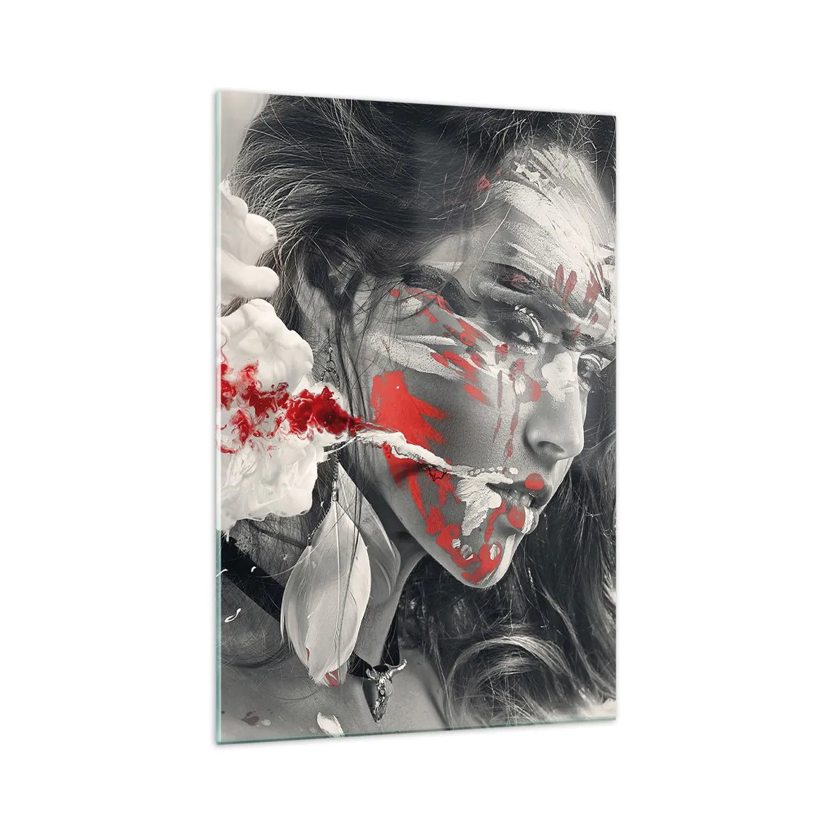 Glasbild - Bild auf glas - Künstlerisches Frauenportrait mit abstrakten roten Akzenten - 70x100cm - Im Dunst der Absurdität - Moderne Wanddekoration für Wohnzimmer und Schlafzimmer ARTTOR