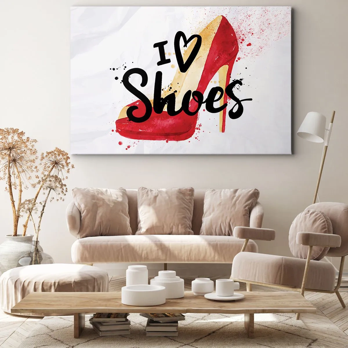 Bild auf Leinwand - Leinwandbild - Roter Stiletto mit der Aufschrift „I love Shoes“ auf weißem Hintergrund - 120x80cm - Liebe hat viele Namen - Moderne Wanddekoration für Wohnzimmer und Schlafzimmer ARTTOR