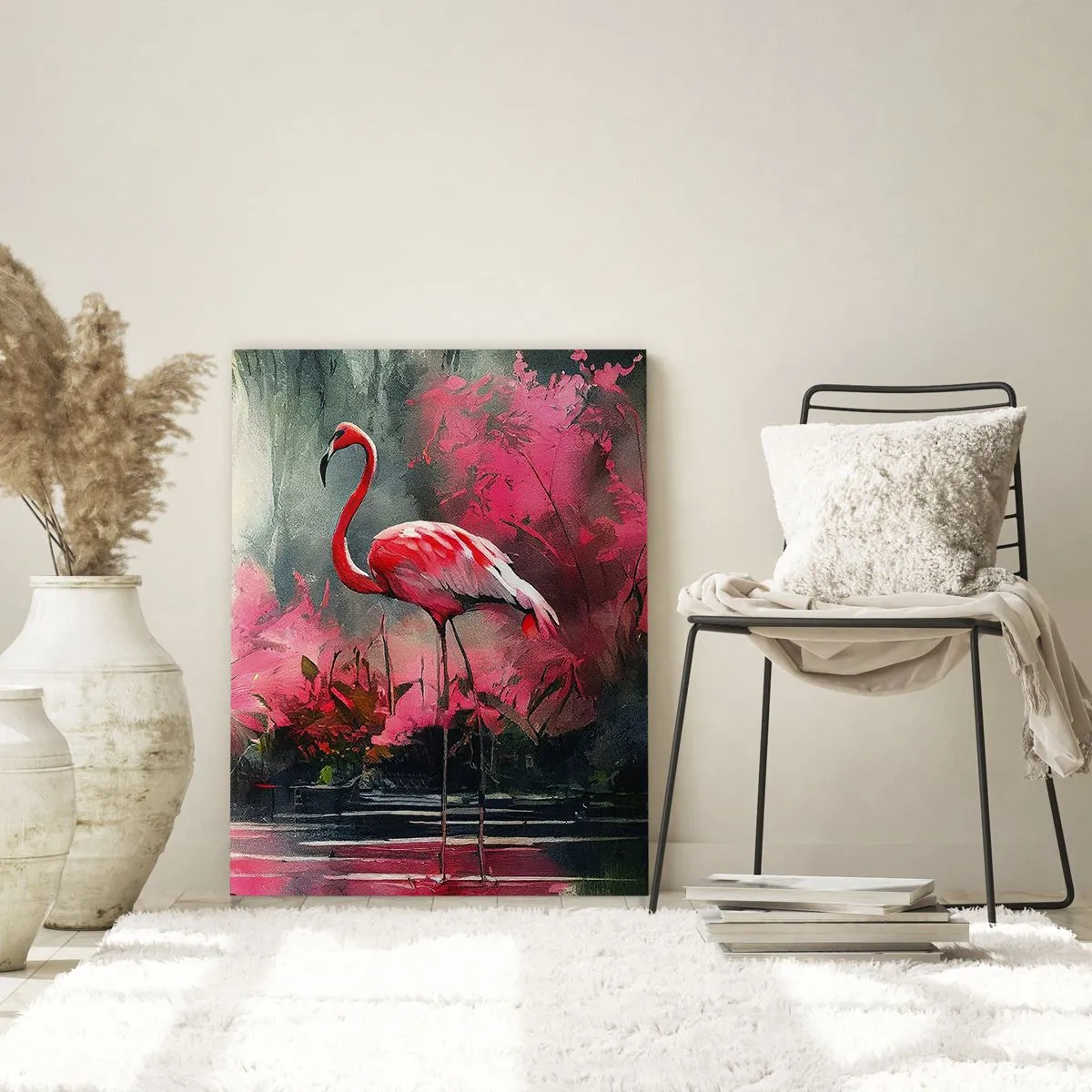 Glasbild - Bild auf glas - Zwei Flamingos in tropischer Umgebung am Wasser - 50x70cm - Lektion in natürlicher Anmut - Moderne Wanddekoration für Wohnzimmer und Schlafzimmer ARTTOR