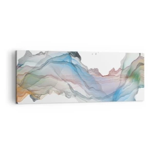 Bild auf Leinwand - Leinwandbild - Eine subtile Landschaft mit Bergen, Wasser und einem Boot - 140x50cm - Zu den Kristallbergen - Moderne Wanddekoration für Wohnzimmer und Schlafzimmer ARTTOR