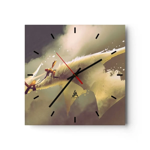 Wanduhr - Glasuhr - Illustration eines Drachenreiters in einer Fantasy-Wolkenlandschaft - 30x30cm - Die Welt zur Rettung - Moderne Wanddekoration für Wohnzimmer und Schlafzimmer ARTTOR