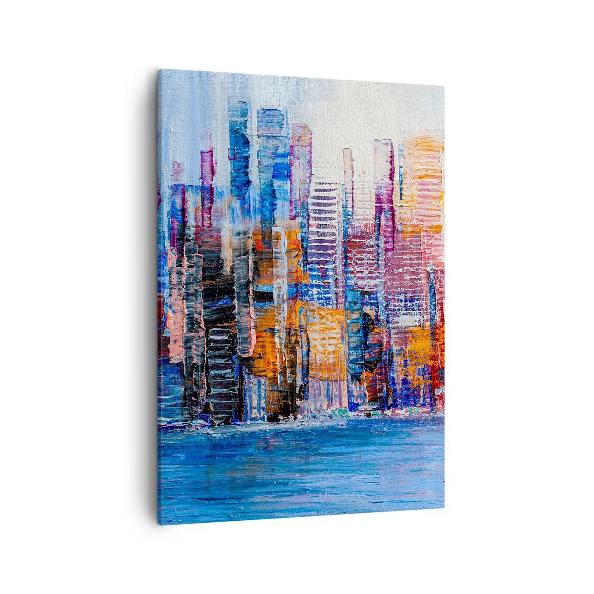 Bild auf Leinwand - Leinwandbild - Ein farbenfrohes Panorama der Stadt mit Spiegelungen auf dem Wasser - 50x70cm - Fröhliche Metropole - Moderne Wanddekoration für Wohnzimmer und Schlafzimmer ARTTOR
