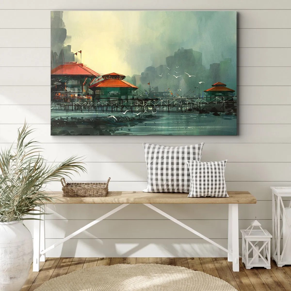 Bild auf Leinwand - Leinwandbild - Hafengebäude in einer regnerischen Landschaft mit Möwen - 70x50cm - Ein sonniger Tag im Hafen - Moderne Wanddekoration für Wohnzimmer und Schlafzimmer ARTTOR