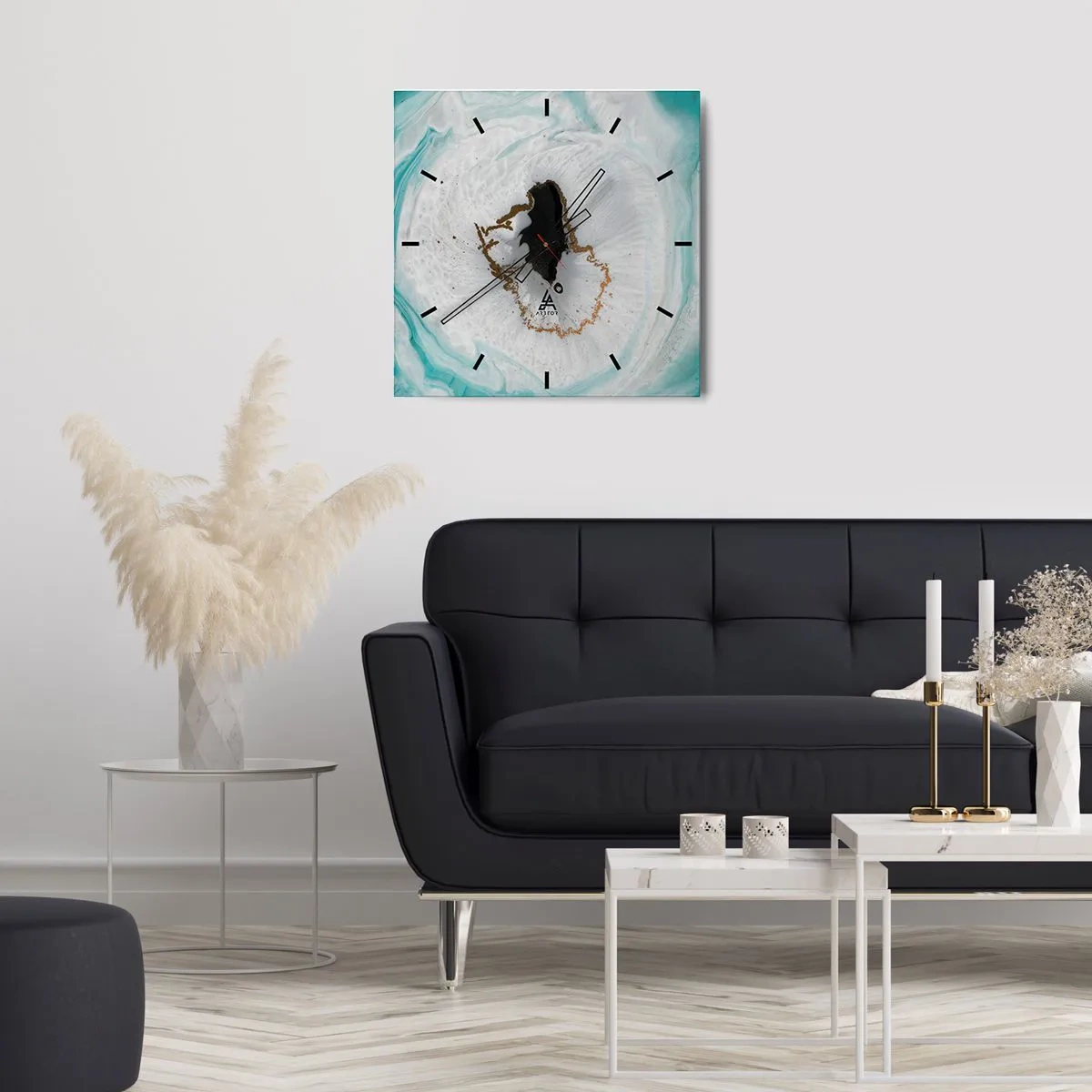 Wanduhr - Glasuhr - Abstraktes Geodenmotiv in Türkis-, Weiß- und Goldtönen - 30x30cm - Nach Innen eindringen - Moderne Wanddekoration für Wohnzimmer und Schlafzimmer ARTTOR