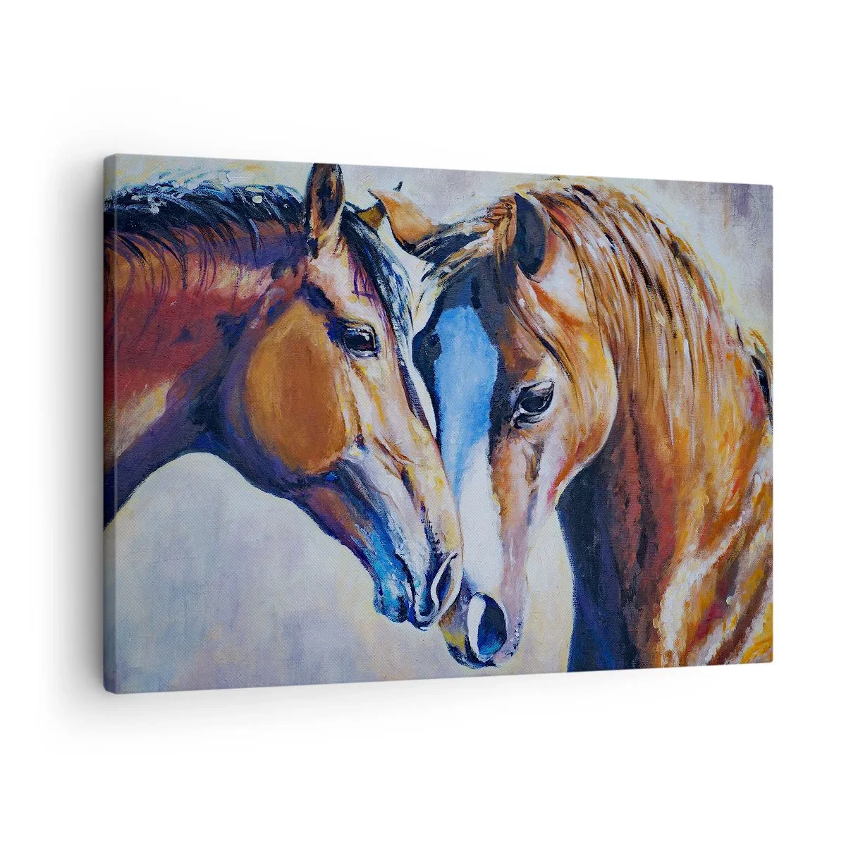 Bild auf Leinwand - Leinwandbild - Eine bildliche Darstellung von zwei Pferden in einer freundlichen Umgebung. - 70x50cm - Ist es Freundschaft? ist es baby - Moderne Wanddekoration für Wohnzimmer und Schlafzimmer ARTTOR