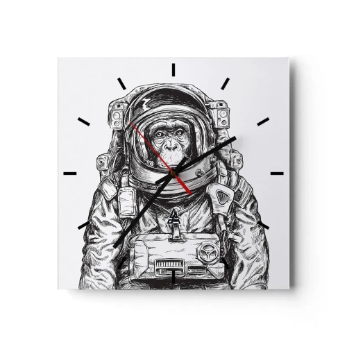 Wanduhr - Glasuhr - Grafik eines Astronauten im Raumanzug mit Affenkopf - 30x30cm - Alternative Evolution - Moderne Wanddekoration für Wohnzimmer und Schlafzimmer ARTTOR