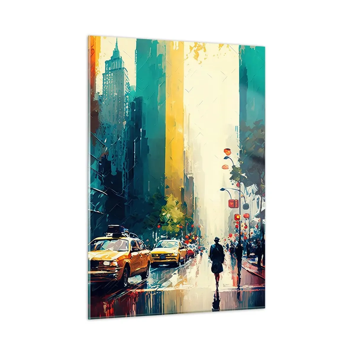 Glasbild - Bild auf glas - Bunte Taxis und Wolkenkratzer auf einer nassen Stadtstraße - 50x70cm - New York – selbst der Regen ist hier bunt - Moderne Wanddekoration für Wohnzimmer und Schlafzimmer ARTTOR