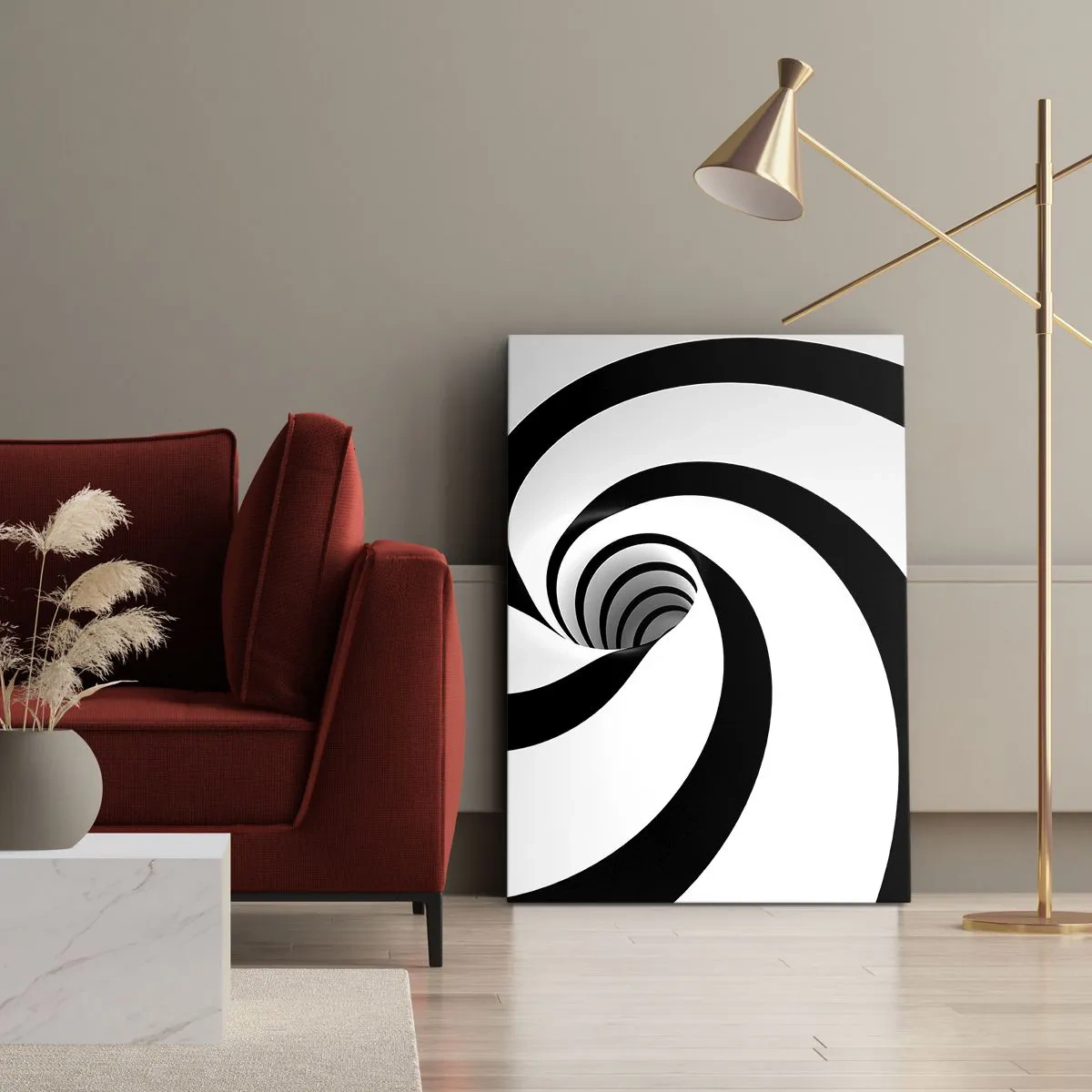 Bild auf Leinwand - Leinwandbild - Abstrakte schwarz-weiße Spirale mit Wirbeleffekt - 50x70cm - Dem Wirbel nachgeben? - Moderne Wanddekoration für Wohnzimmer und Schlafzimmer ARTTOR