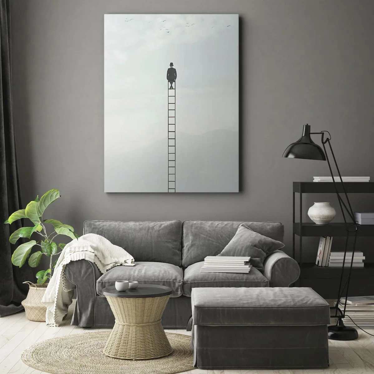 Bild auf Leinwand - Leinwandbild - Ein Mann auf einer Leiter, die in den Himmel ragt - 50x70cm - Erhebe dich darüber! - Moderne Wanddekoration für Wohnzimmer und Schlafzimmer ARTTOR