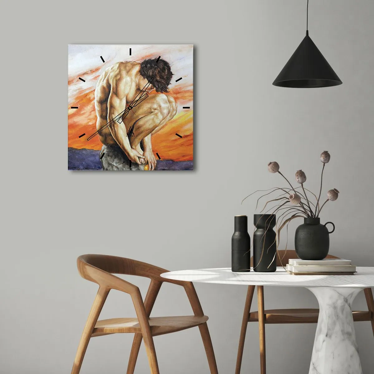 Wanduhr - Glasuhr - Ein Mann in Gedanken versunken vor dem Hintergrund eines Sonnenuntergangs - 30x30cm - In sich versunken - Moderne Wanddekoration für Wohnzimmer und Schlafzimmer ARTTOR